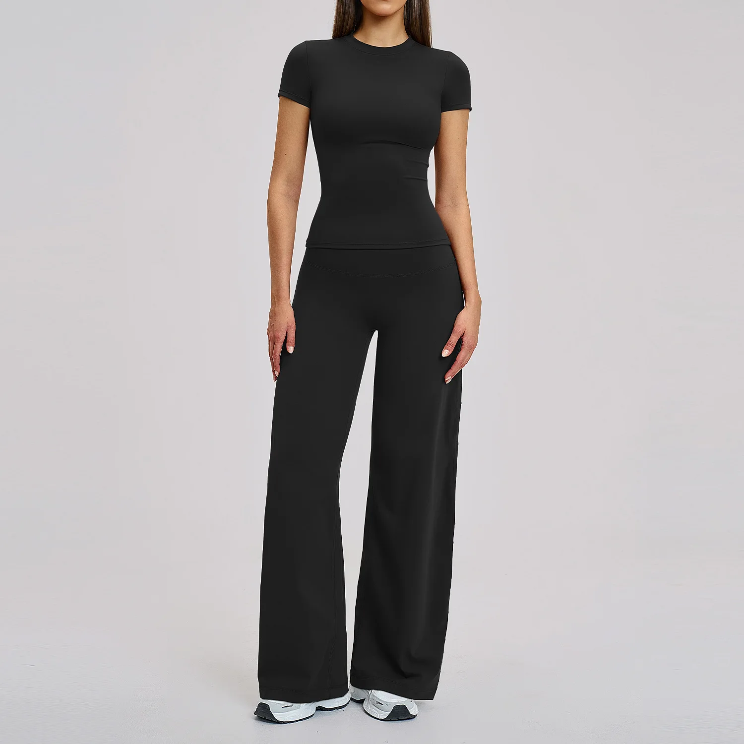 Wicking Spandex/Nylon 2-Piece T-Shirt Flare Yoga Pants Set thumbnail