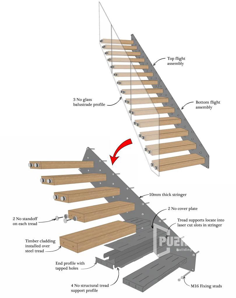 Invisible Stringer Wooden Tread Floating Cantilevered Staircase