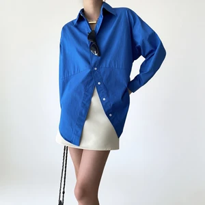 Custom Women'S Brigh Blue Long Sleeve Button-down Oversized 100% Cotton Shirt