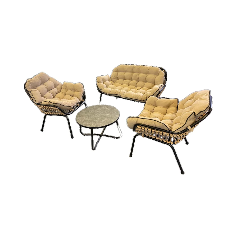 product modern outdoor garden conversation sofa set pe rattan weaving metal frame waterproof stone pattern glass for hotel application-3