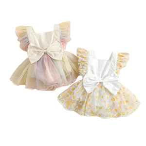 0-24M Summer Princess Toddler Girls Romper Dress Mesh Fly Sleeve Sunflowers/Tie-Dye Printed Lace Baby Tutu Jumpsuit