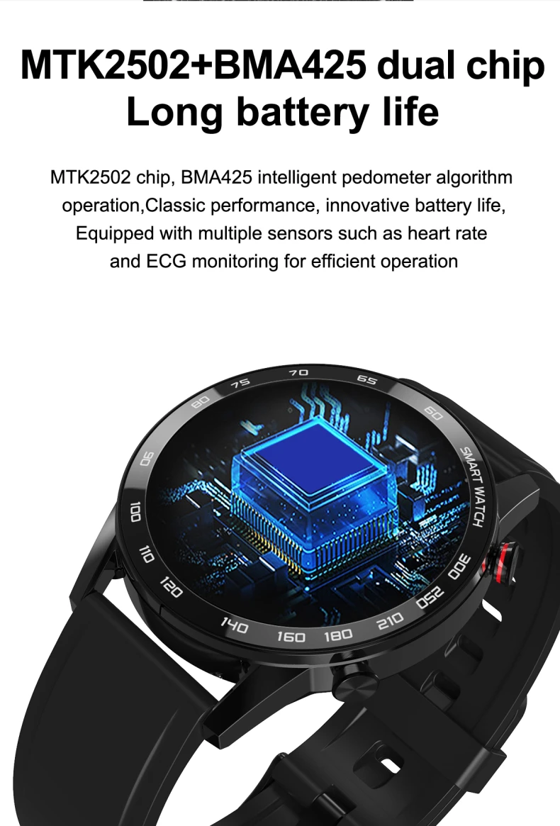 DT95t/DT95 Pro/DT95Pro with MTK2502+BMA425 dual chip, Long battery life -MTK2502 chip, BMA425 intelligent pedometer algorithm operation, Classic performance, innovative battery life, Equipped with multiple sensors such as heart rate and ECG monitoring for efficient operation.jpg