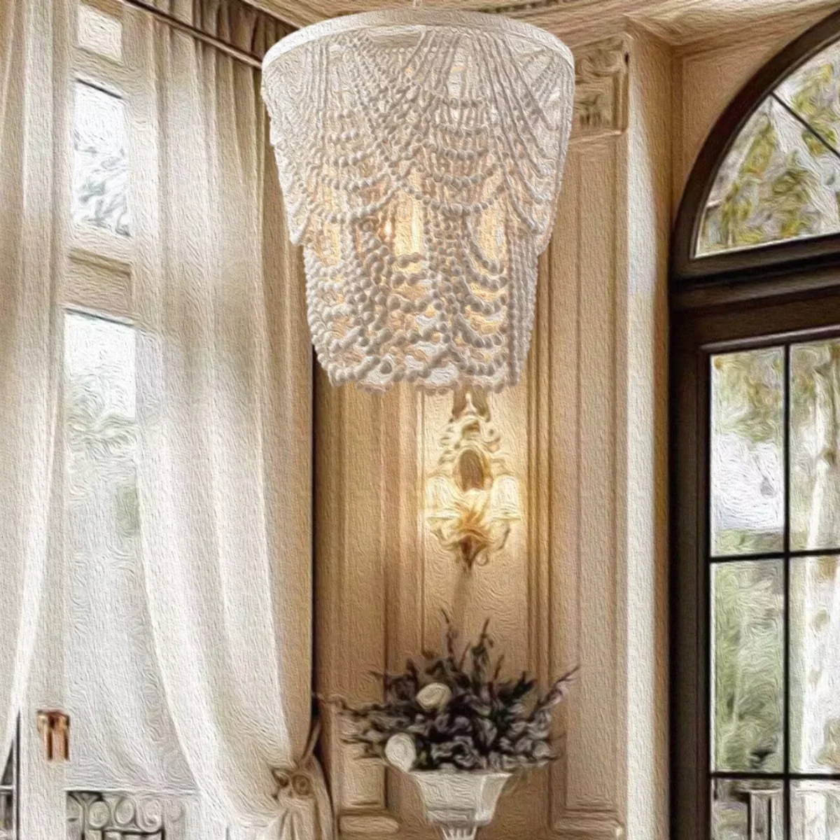 Loft Creative American Retro Solid Wood Chandelier Nostalgic Rustic Wooden Bead Pendant Lamp for Bedroom and Living Room