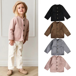Soft 100%Cotton Toddler Girls' Corduroy Round Neck Button-Front Patch Pocket Jacket for Spring Fall Daily