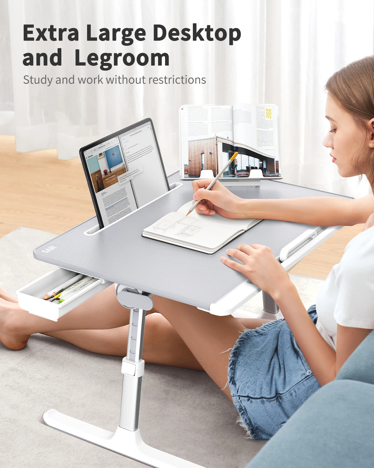 Foldable Stable Study Desk  Ergonimic Laptop Bed Table with Storage Drawer and Bookstand Adjustable Standing Desk