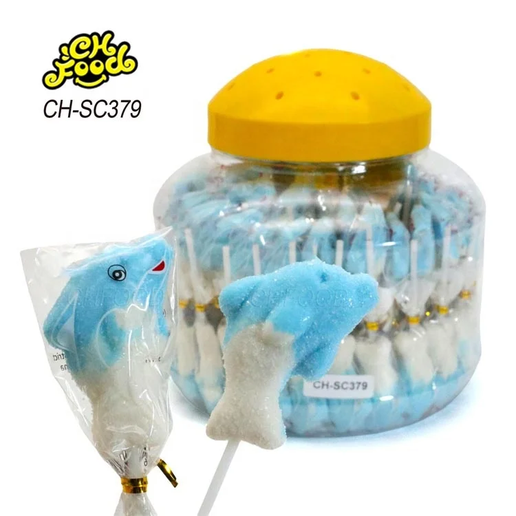 Hot Selling 3d Cartoon Halal Sugar Coated Dolphins Whales Gummy Jelly Candy Lollipop Wholesale Soft Candy Sweets for Children