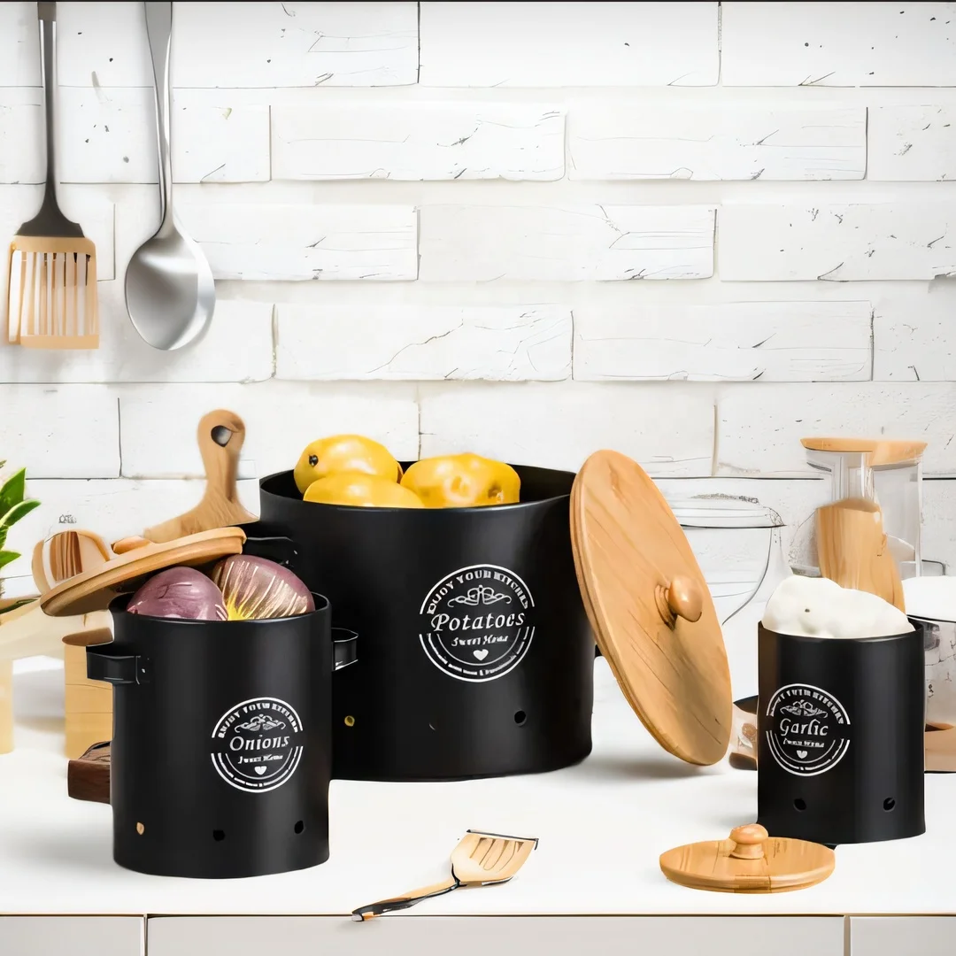 Stackable Steel Vegetable Storage Bins Metal Canisters Set Garlic Potato Onion Vegetable Keeper Storage Box Jars Set