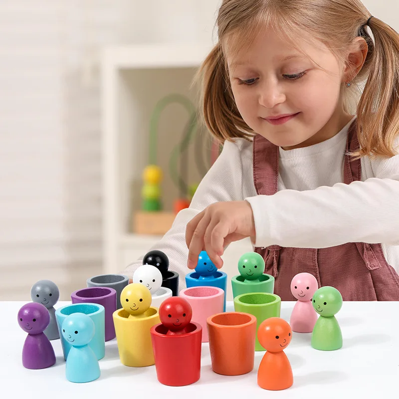 2024 New Baby Color Sorting Cup Game Montessori Color Matching Toys for Kids Early Educational Peg Doll Children Wooden Toy