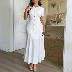 Ladies Bodycon Maxi Dress Women's Elegant Fashion Button Round Neck Short Sleeve Ribbed Knit Casual Dresses