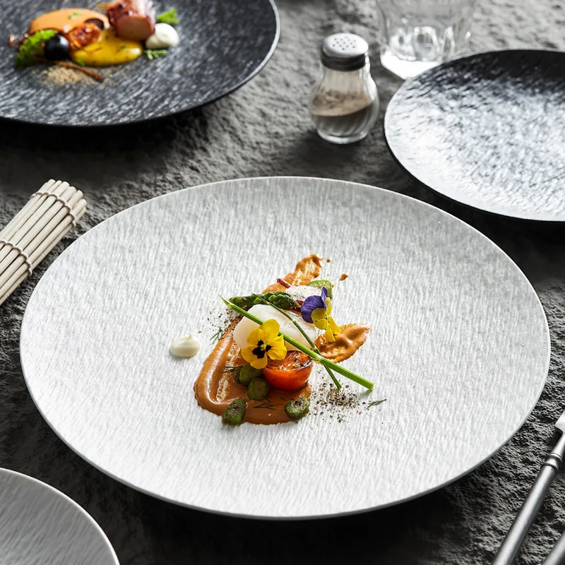 Maßgefertigte Japandi-stil Keramik Flache Teller 8/10/12 Zoll Weiß Schwarz Steinmuster Geschirr Steakteller