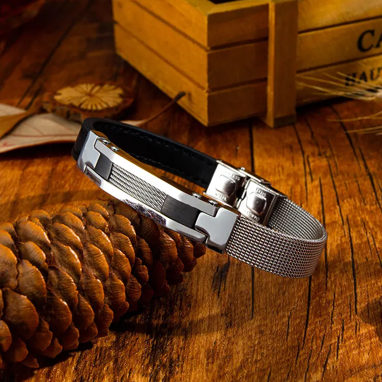 Wholesale Custom Design Good Quality Fine Jewelry Wire Stainless Steel Mesh Leather Bracelet for Men