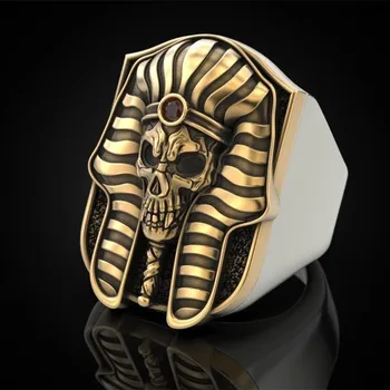 High Quality Two Tone Egyptian Pharaoh Skull Head Biker Punk Rings For Mens Male Egypt Jewelry Accessories Gift Ring