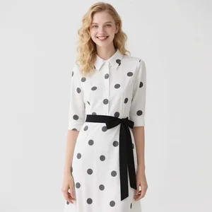 Classic Midi Dress for Women Elegant Dot Print Digital Painting Casual Black Waistband for Spring Summer Autumn Seasons