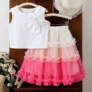 2026 Summer Outfits Casual Kids Sets 3D Flower Sleeveless Tops Gradient Cake Mesh Skirts Two-Piece Girl Clothes