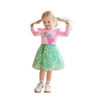 European American Style Long Sleeve Children's Dresses Autumn Spring O-Neck Collar Cartoon Mesh Pattern Girls' Baby Clothing