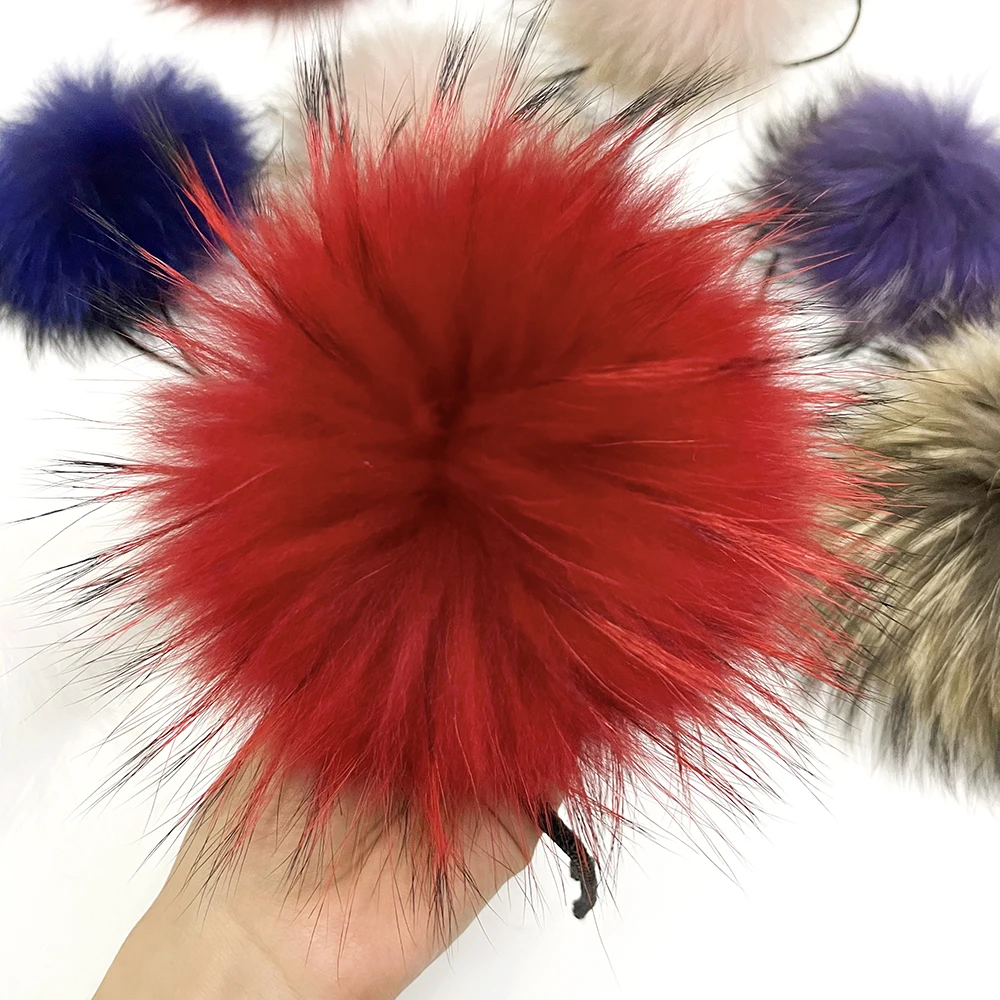 15cm Hot Sale White Real Fur Pompom Detachable Snap Raccoon Fur Pompoms