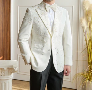 2026 New Men's White Hand-embroidered Beads Slim Groom Peaked Lapel High Quality Double Vents Suit Jacket for Men