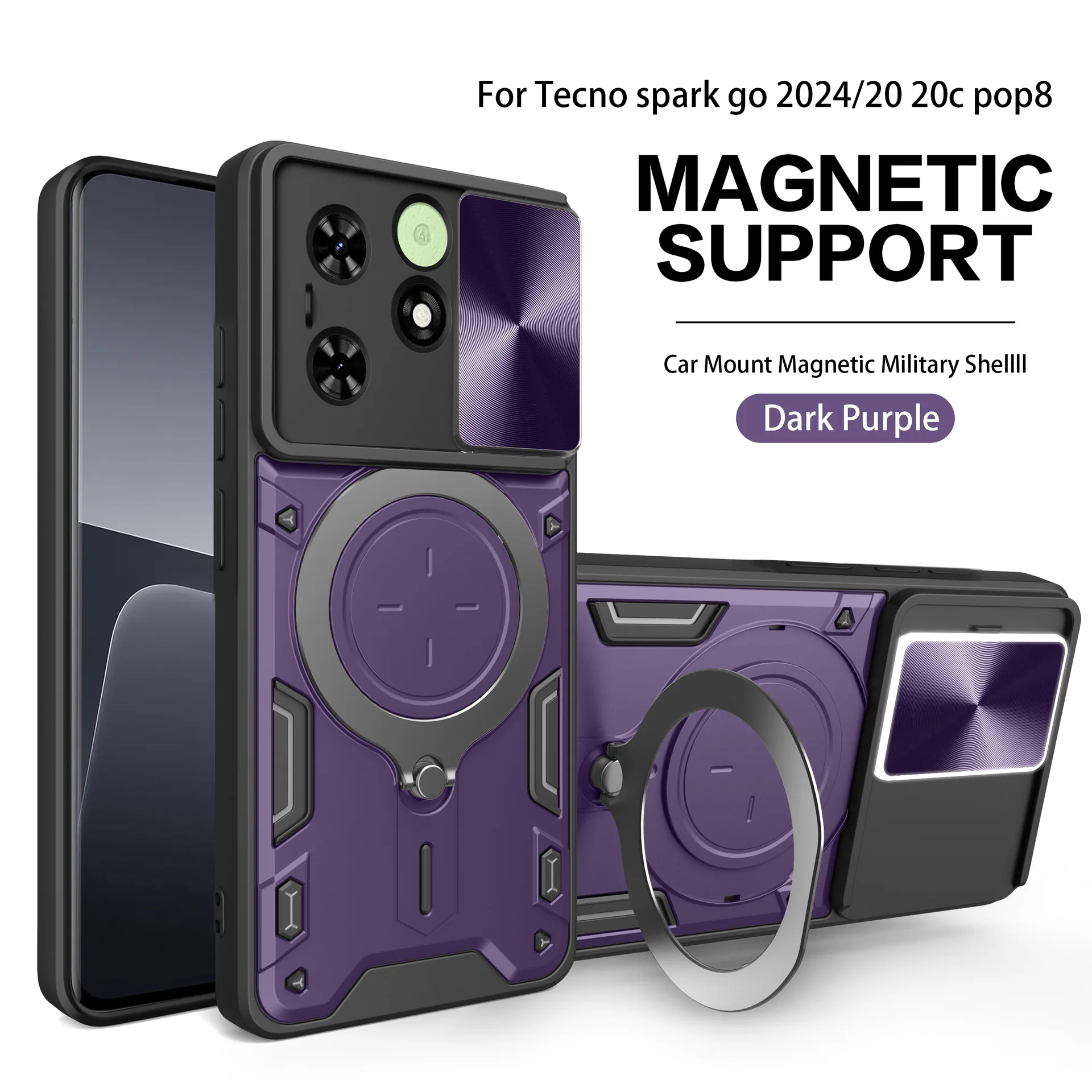Dual Layer Defend Case for Tecno Spark Go 2024/ Spark 20C/ Pop 8 Protective Case with Kickstand and Slide Camera Cover