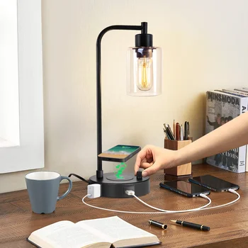 Industrial table Lamp, Black desk Lamp Rustic Farmhouse Reading Lamp with dimming Switch, glass Shade and wireless charger  USB