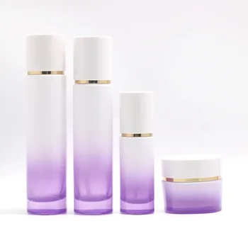 Conical shape cosmetic glass bottles packaging sets spray frosted purple gradient skincare glass jars and lotion bottles set