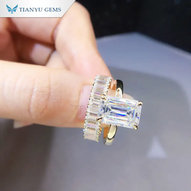 Tianyu gems emerald cut moissanite diamonds pure 14k gold Cocktail ring set