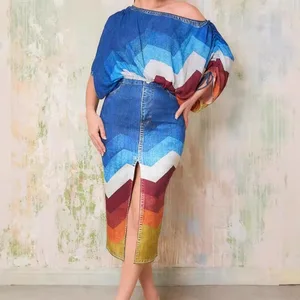 Fashionable Slanted Shoulder Printed Bat Sleeve Top with Split Skirt Two-piece Set