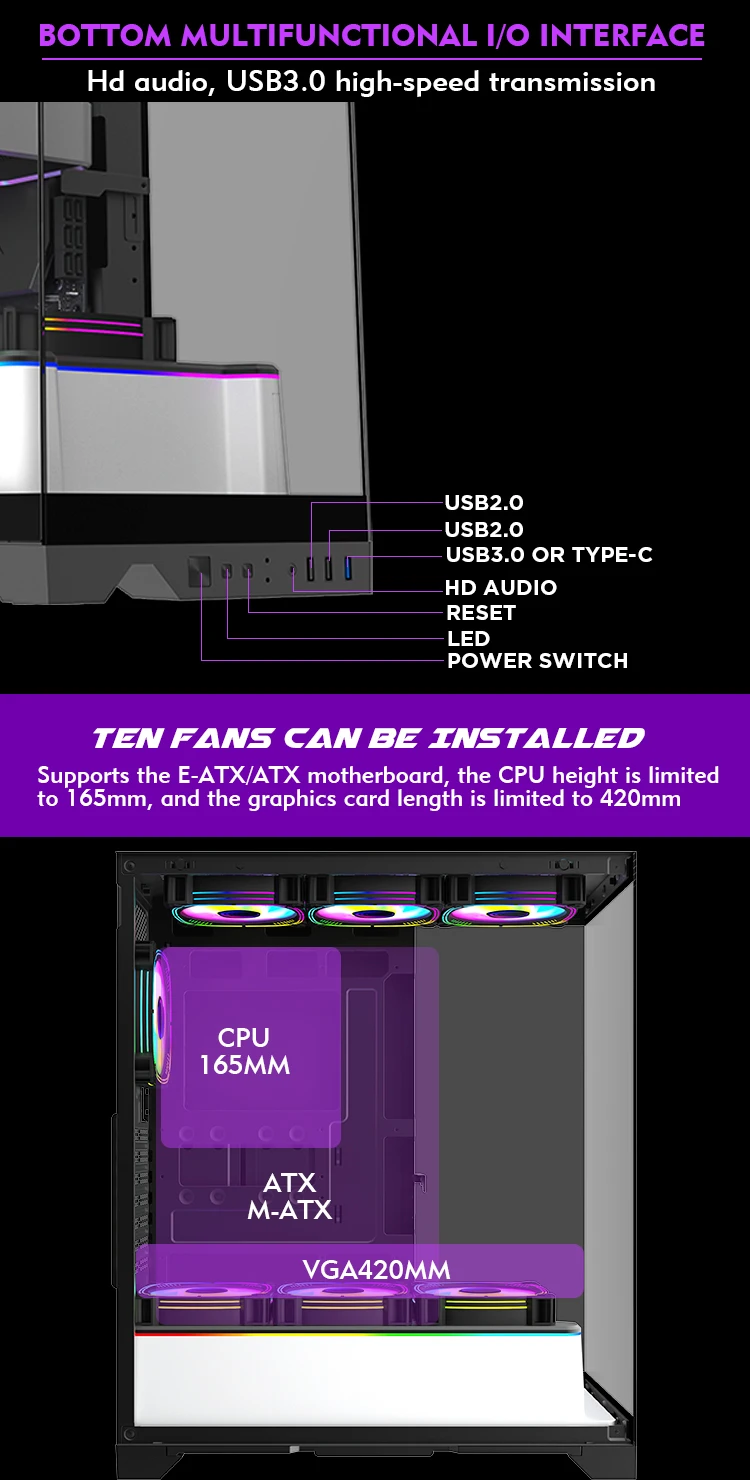 New Design ATX RGB Gaming Desktop Panoramic Tempered Glass Computer ...