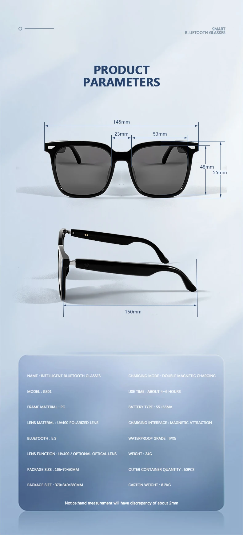 If you are searching for a supplier of a product with perfect quality control and highly competitive prices, which gives you an advantage in expanding your local market, then contact us now! Competitive suppliers of GS01 Smart Glasses for Men BT 5.3 Sunglasses Touch Earphone 35g UV400 Polarized Lens IPX5 Waterproof Music Intelligent Glass