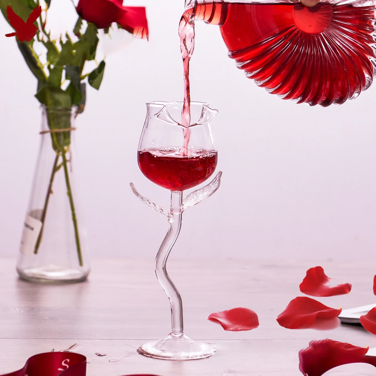 Rose-Shaped Glass Creative Unique Design Hand Blown High Borosilicate Wine Whiskey Glass Tall Rose Shaped Glass Cup