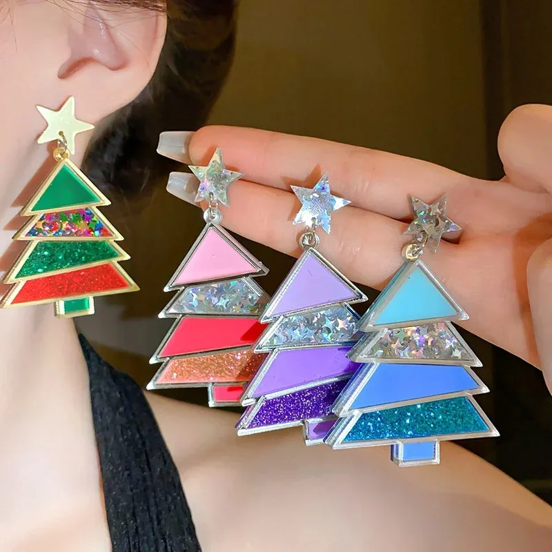 Geometric Acrylic Christmas Tree Drop Earrings Statement Women Gradient Pink Purple Blue Sequin Dangle Earring Wedding Jewelry