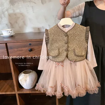 Girls autumn vest dress 2024 New children's mesh long sleeve skirt little girl spring and autumn Princess suit