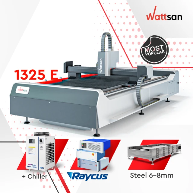 Wattsan 1325 E Raycus IPG Laser Cnc 1000W 2KW  Aluminium Steel Brass Fiber Laser Machine Cutting Sheet Metal Cutter