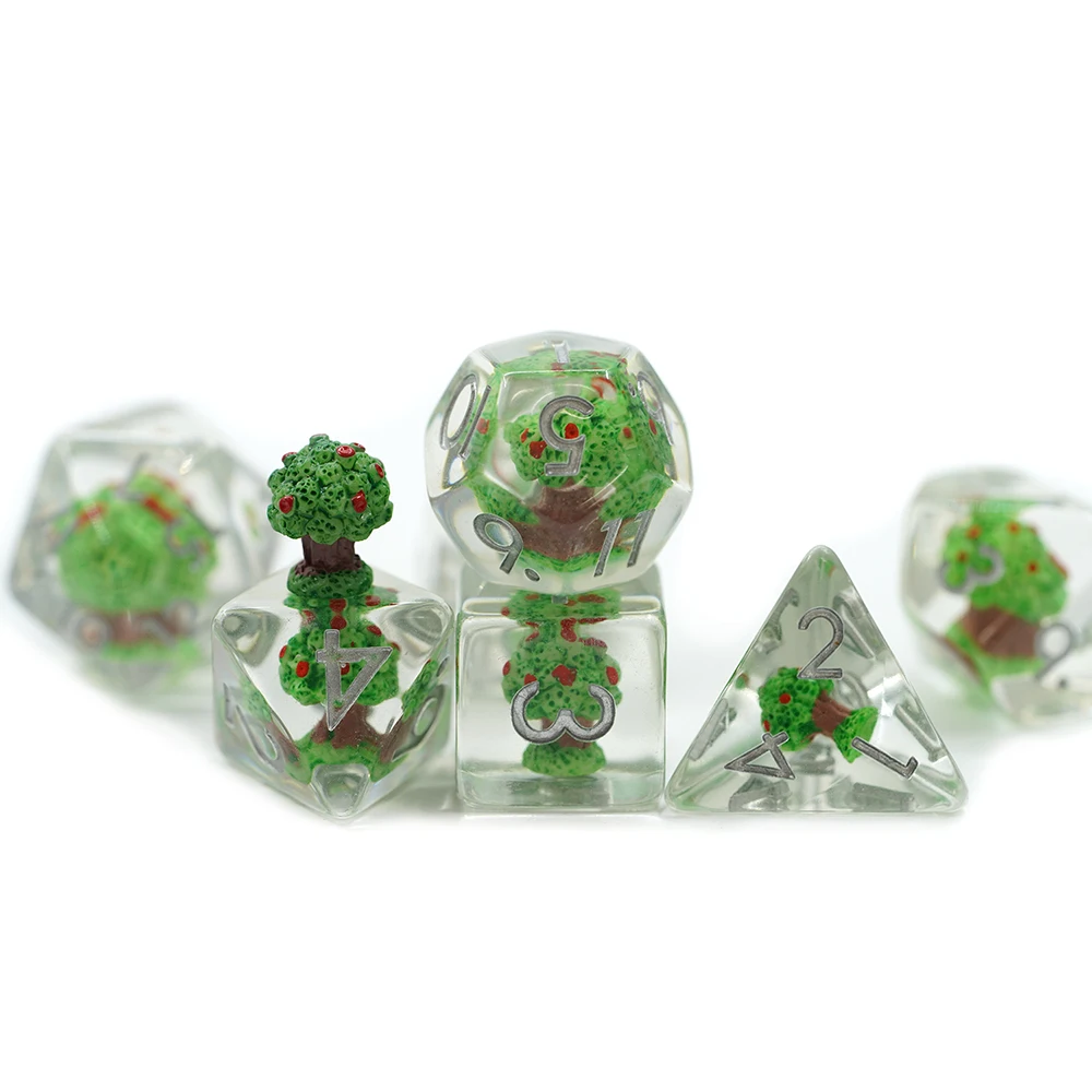 Novo conxunto de dados Dnd de esquina redondeada feito a man Xogo de rol incluída árbore de mazá transparente con bordos suaves Poliedro de dados