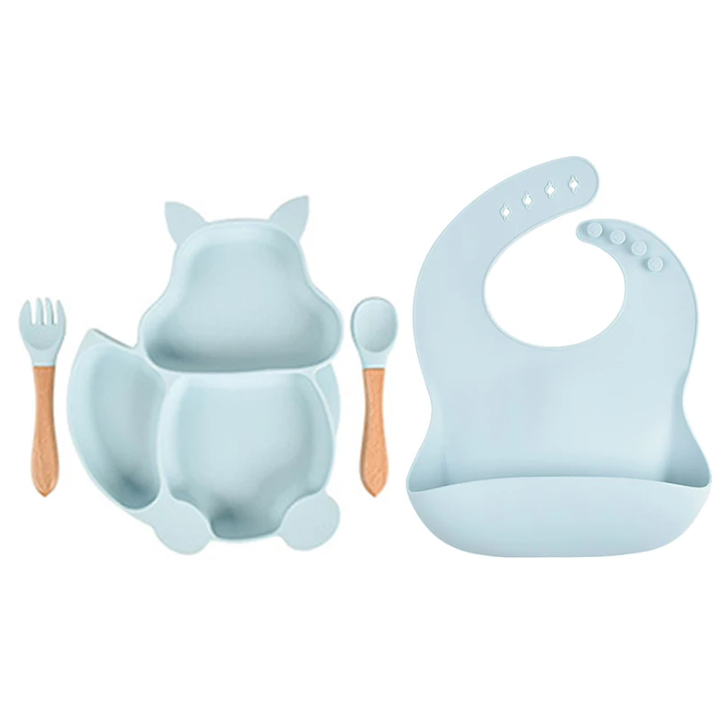 Animal Shape Strong Suction Silicone Plate Spoon Fork Bib Set Feeding Bib Baby Silicone Tableware
