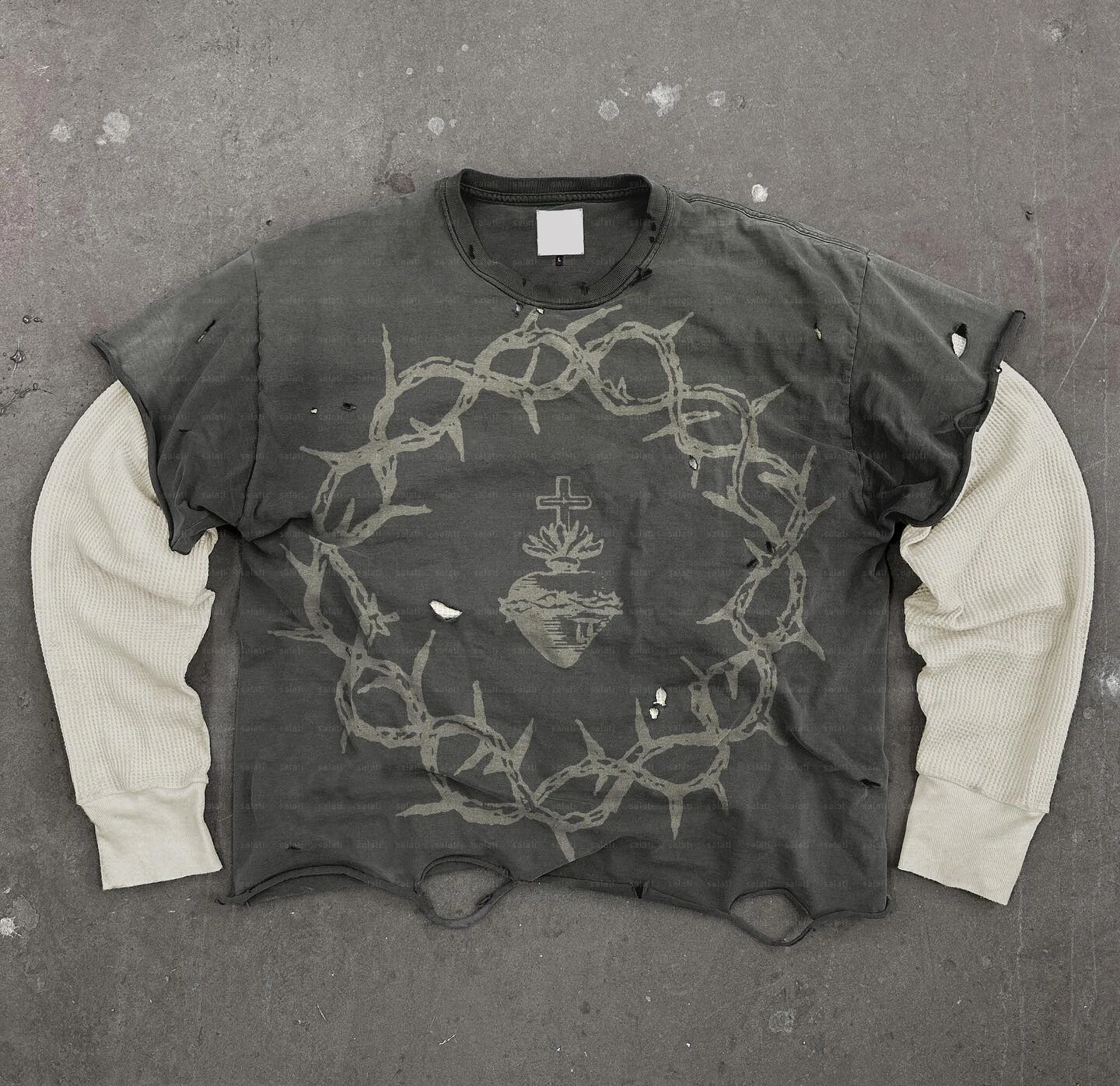 Custom Screen Print T-Shirt Vintage Cotton Ripped Double Layer Long Waffle Sleeve Top Distressed Stone Acid Wash T Shirt for Men gallery 9