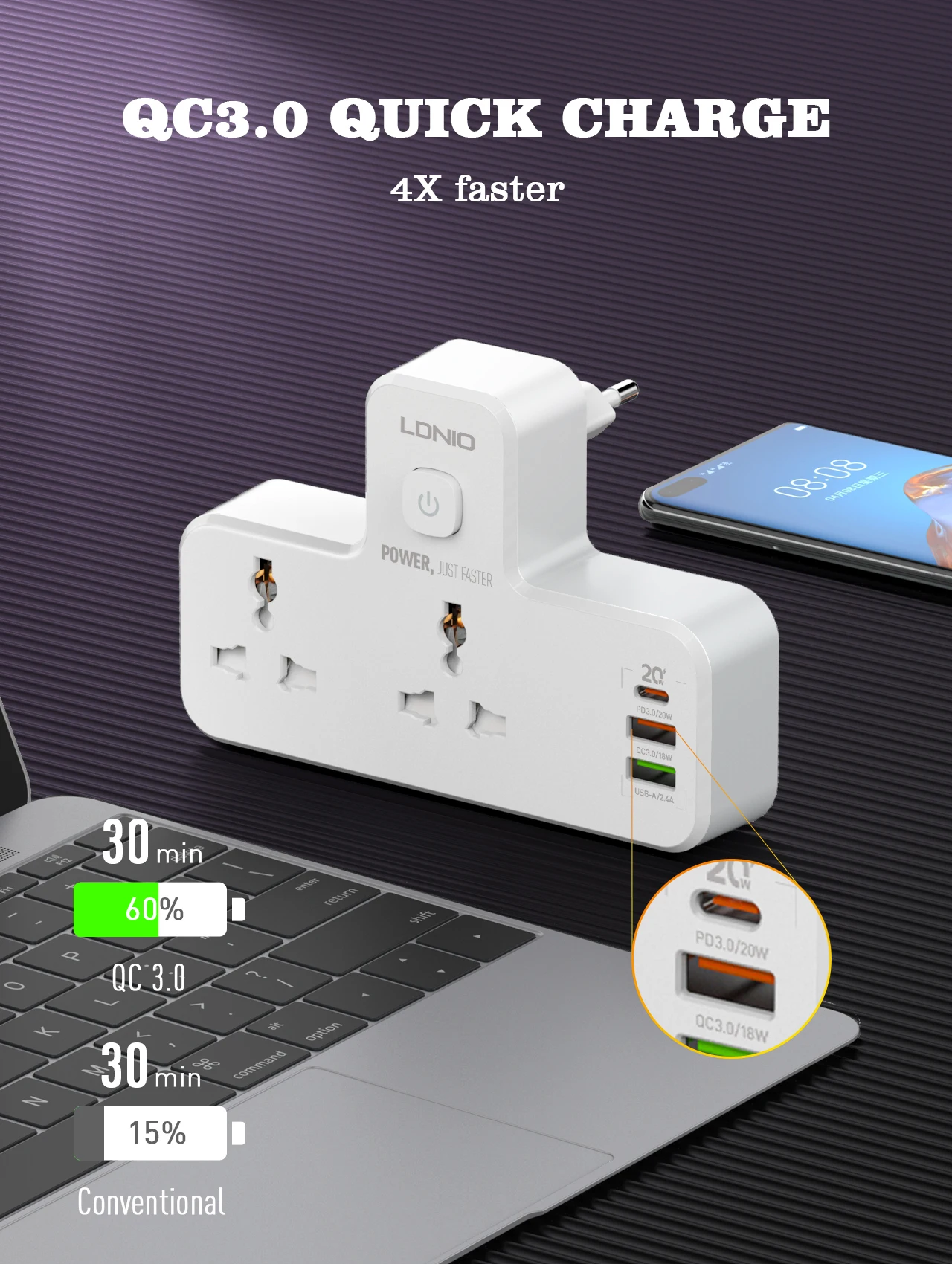 LDNIO SC2311 2500W 100-250V Extension Strip With 3 Usb Ports LED Light 2 Outlets Smart Power Strip Universal Usb Power Socket