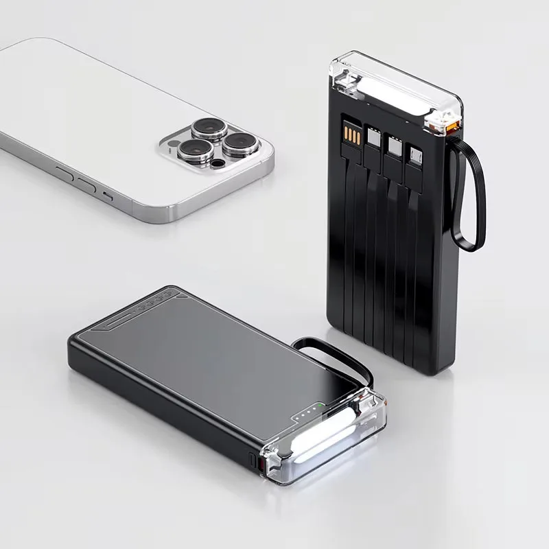 Power Bank 10000mAh Built-in 4 Cables 10W Multi-port PowerBank Lanyard Design Black White Blue Yellow Portable Charger PB215