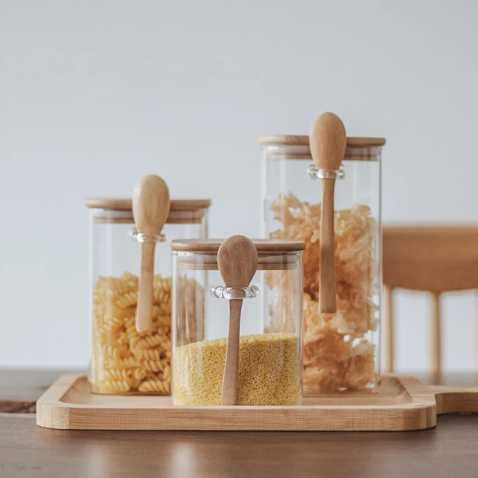 1000ml 1200ml 1500ml Square Shape Glass Spice Food Storage Container Jar with Bamboo Lid and Wooden Spoon for Food Storage