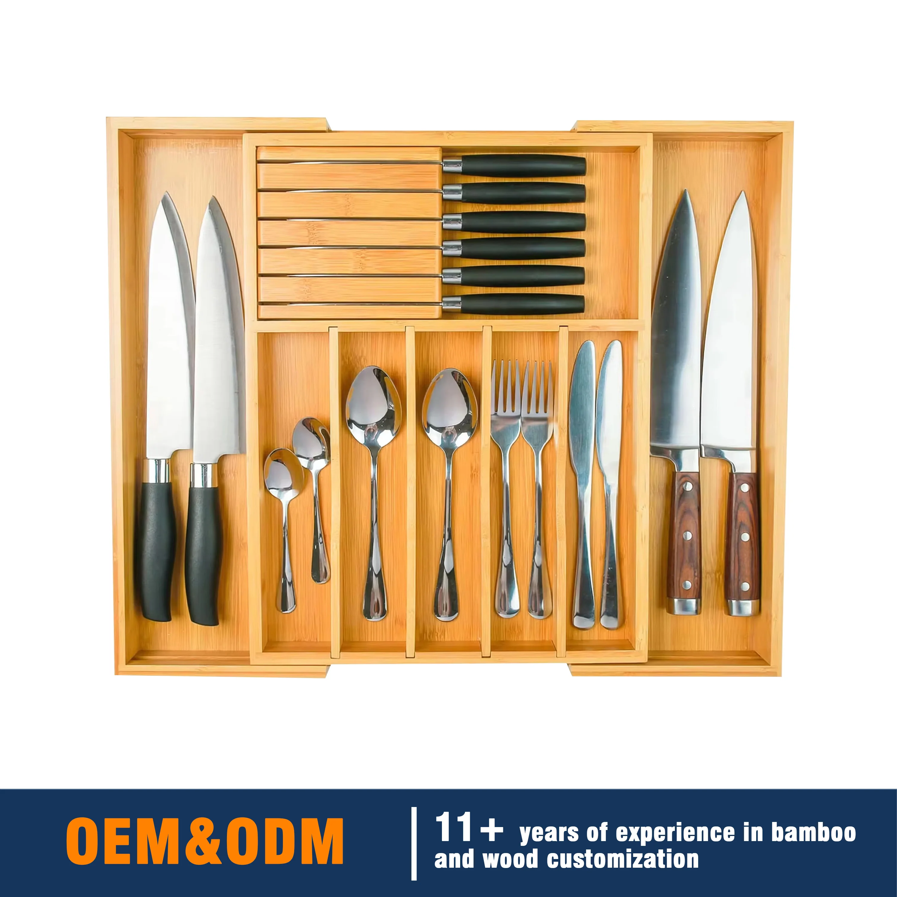 ZC Custom Expandables Silver Drawer Storage Box Detachable Knife Holder and Partition Utensil Holder Kitchen Drawer Organizers