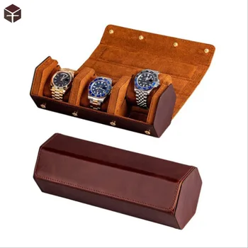 Custom logo Hexagon 3 slot Watch Roll Leather Case Holder Men Watches Travel Roll Leather Watch Box