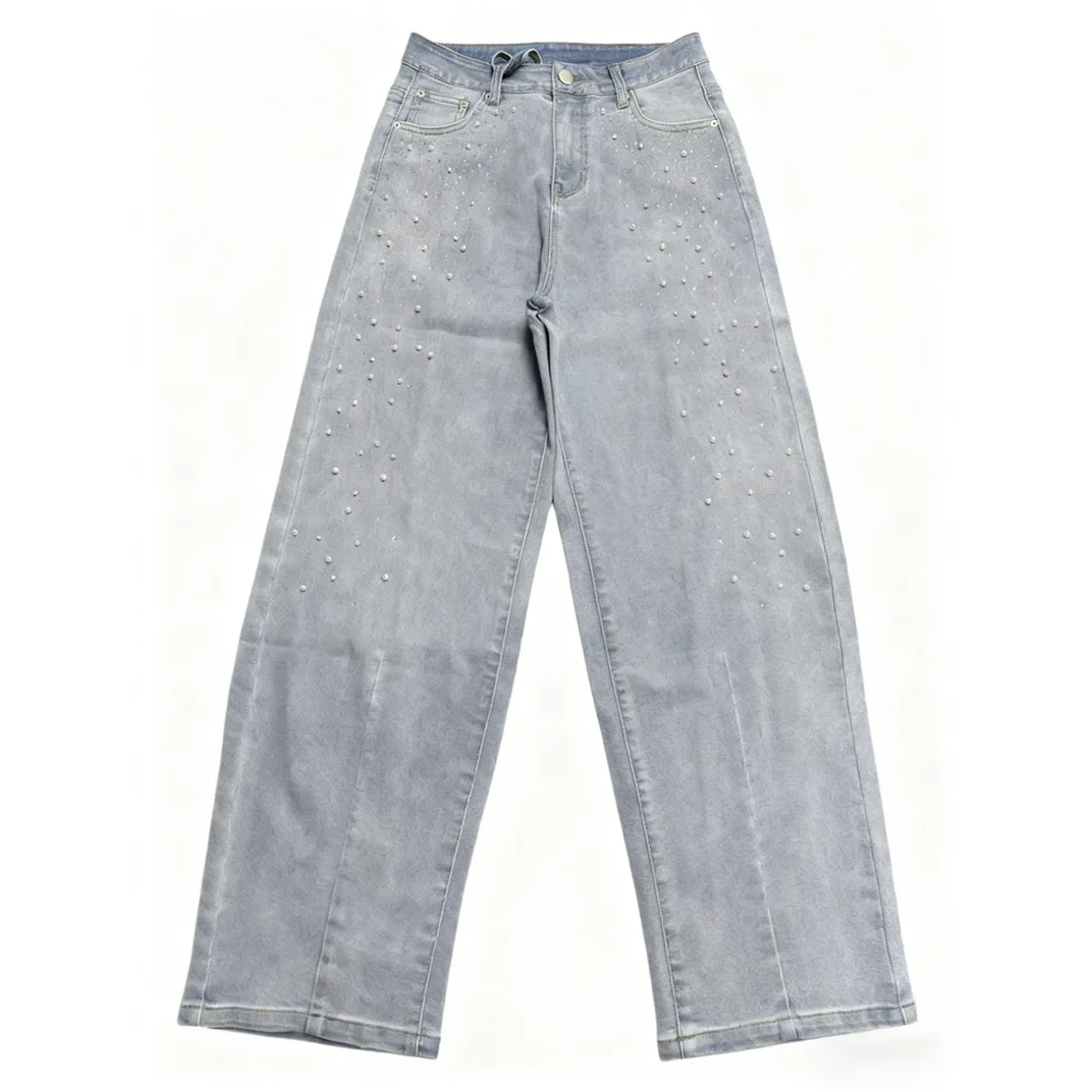 New Arrival Women's Beaded Flared Jeans High Quality Light Blue Denim Pants Fashionable Streetwear