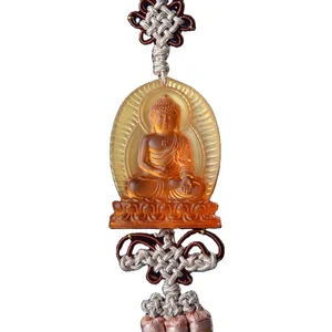 Traditional Double Mini Side Gautam Buddha Amber Glass Car Mirror Hanging Pendant
