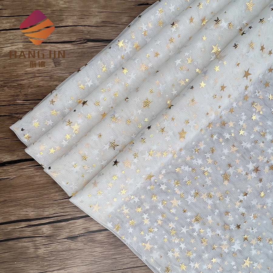 Wholesale Soft Print Gold Stars Tulle Lace Fabric Hot Foil Stamped Glitter Stars Mesh Fabric for Birthday Party Baby Tutu Dress Wholesale Soft Print Gold Stars Tulle Lace Fabric Hot Foil Stamped Glitter Stars Mesh Fabric for Birthday Party Baby Tutu Dress