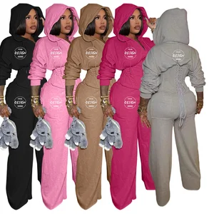 2025 New Arrival Custom Logo Women's Hooded Two-piece Pants Set Solid Color Bandage Cinch Waist Top and Drawstring Pants Set