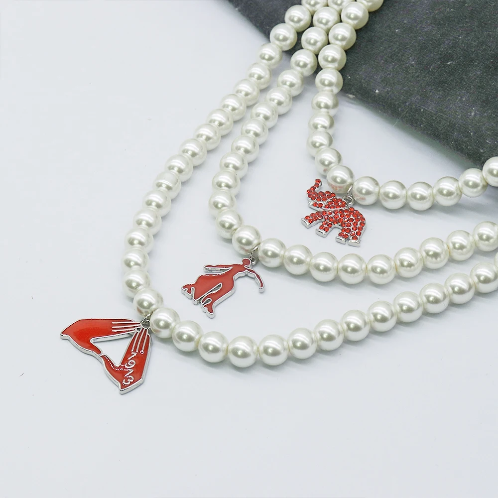 Sisterhood Delta Sigma Theta Inspired Red Elephant Fortitude Lady Triangle Hand Sign Charms Making Greek DST Pearl Necklace