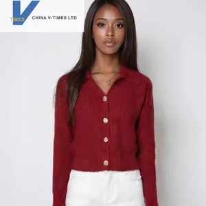 China V-times Women's Casual Knitted Cardigan Sweater Autumn Winter Turn-Down Collar Polo Short Jacket Top Button