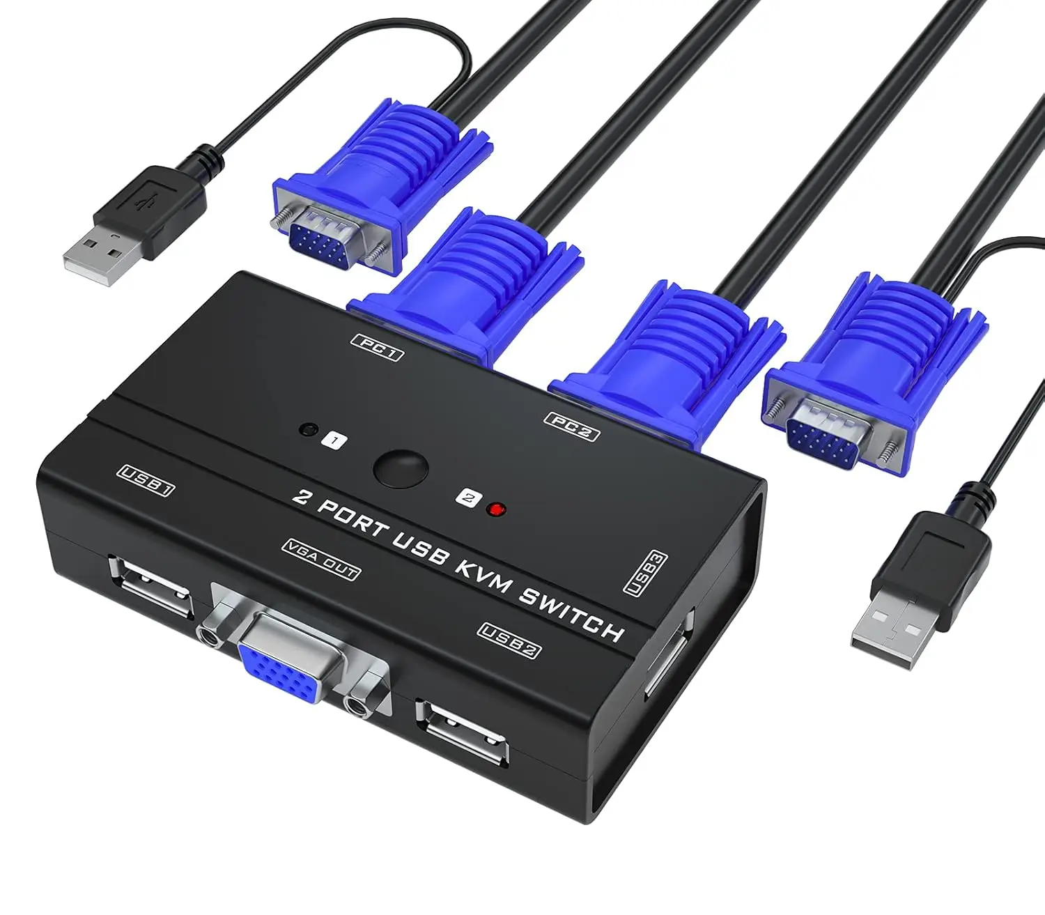 "2-Port VGA KVM Switch 3 USB Hubs PVC Jacket XLR Audio Connectors for 2 Computers Share One Monitor Keyboard Mouse Braid