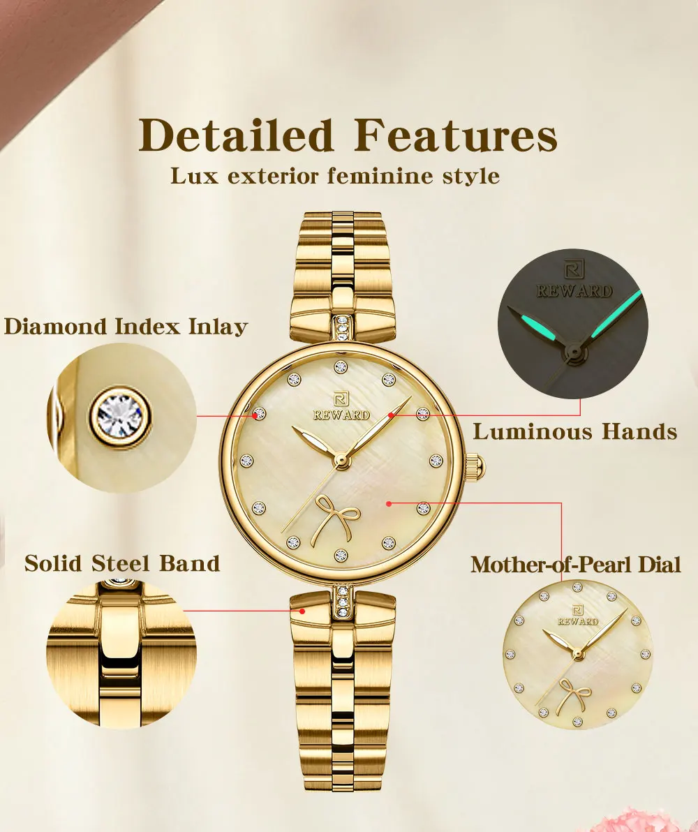 REWARD New Simple Thin Quartz Watches for Women Shell Dial with Rhinestones Clock Female Stainless Steel Band Wristwatch