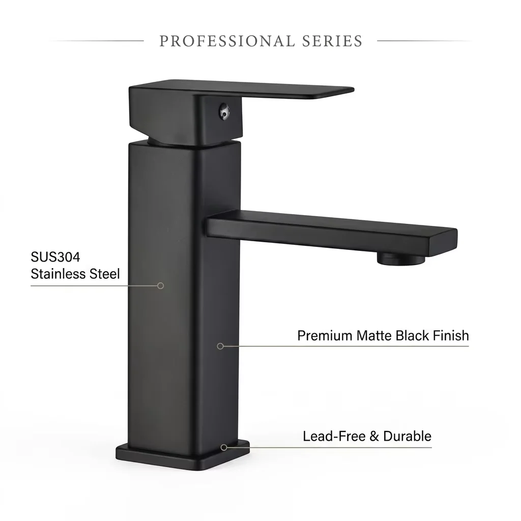 Premium basin faucet with European styling Matte black stainless steel basin faucet in modern bathroom setting
