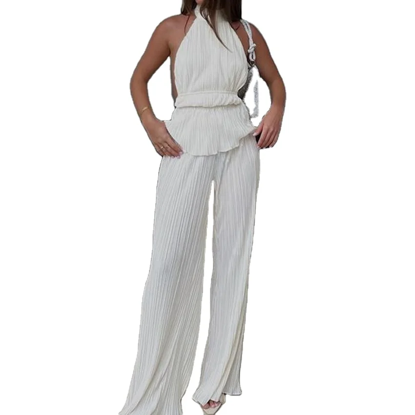 Conjunto de pantalón blanco plisado para mujer, traje elegante de